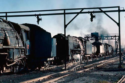 Four 15Fs in a line up on Bloemfontein loco shed. One has a water cart suggesting it is booked to work a remote siding without watering facilities.