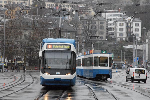 Zurich trams in pouring rain
